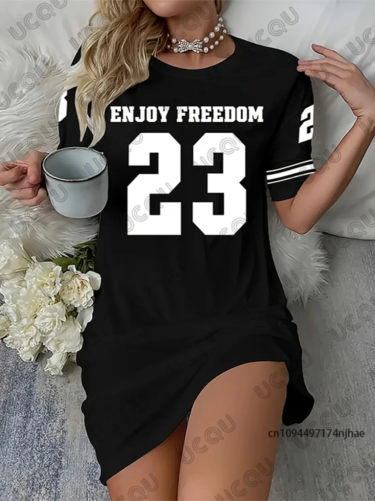 2025 verão novo preto desfrutar liberdade 23 impresso feminino manga curta camiseta vestido hawaii férias casual esportes moda vestido