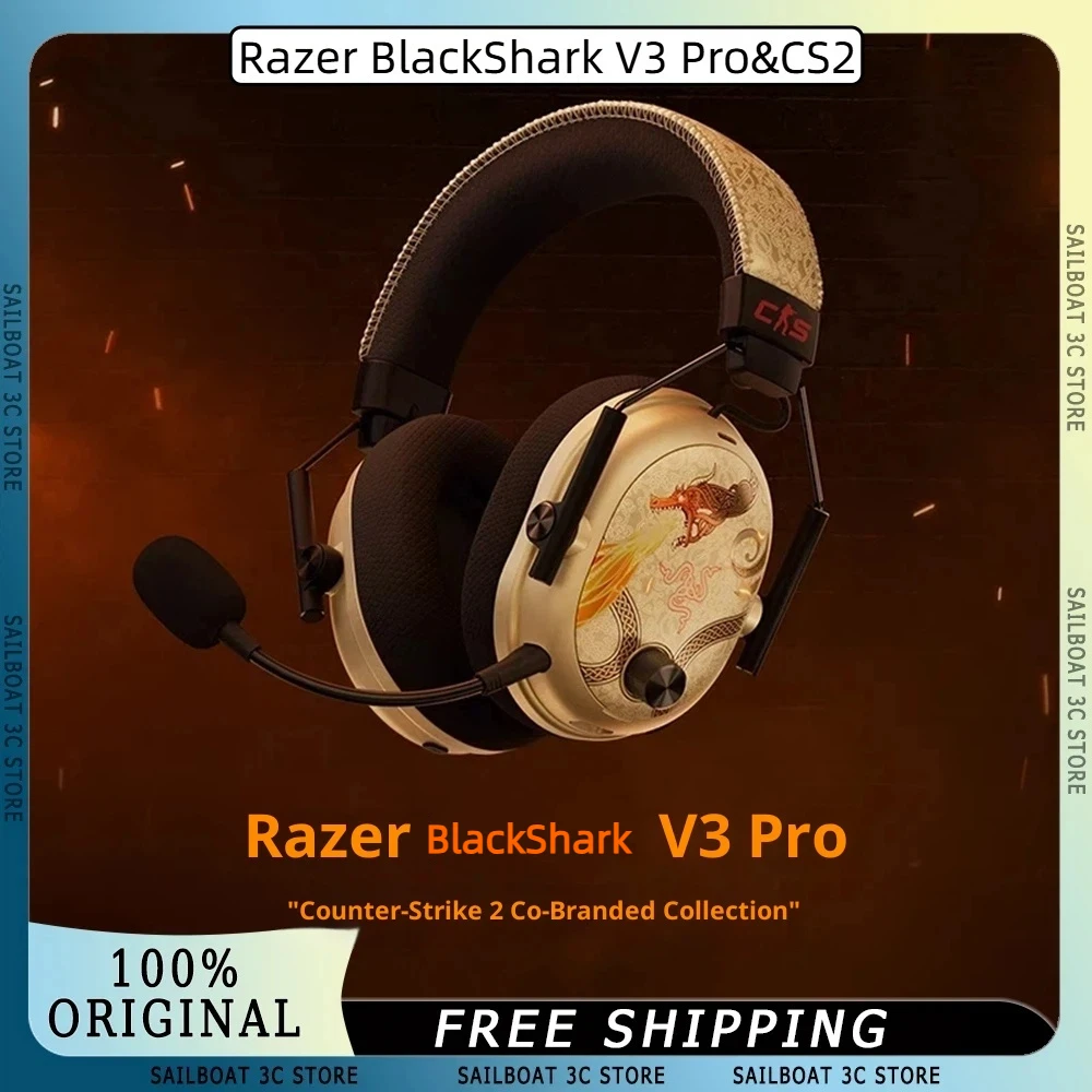 سماعة رأس Razer BlackShark V3 Pro&CS2 لاسلكية للألعاب ذات علامة تجارية مشتركة مع خاصية إلغاء الضوضاء النشطة مع ميكروفون قابل للفصل