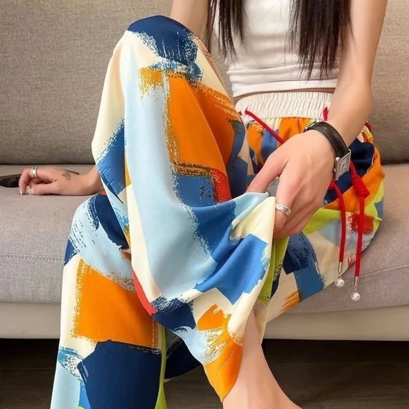 Spring and Summer Women's Wide Leg Pants Thin, Loose, High Waisted, Fashionable Printed Straight Leg Casual Pants