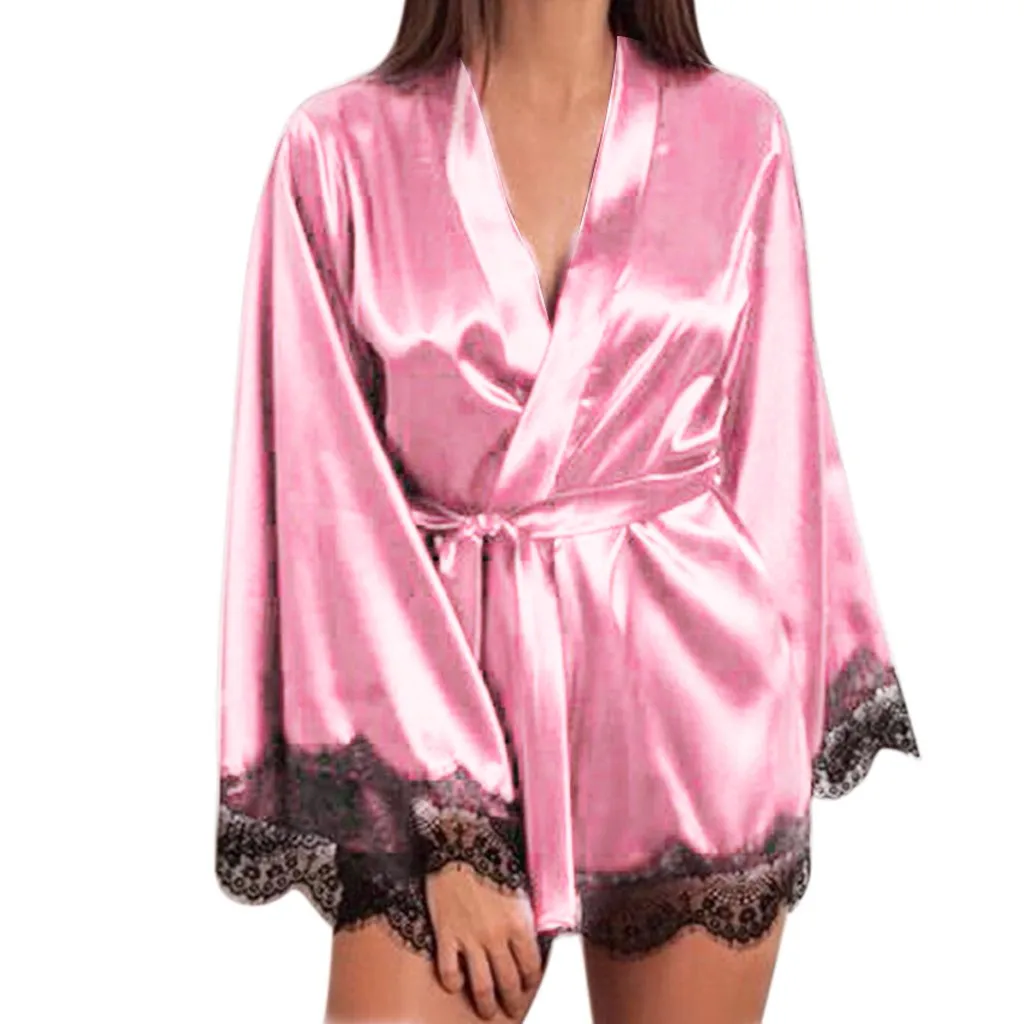 Elegant Ladies Satin Robe Lace Lingerie Sleepwear With Belt Cardigan Home Clothes Summer Short Nightwear Pijama Feminino пижама
