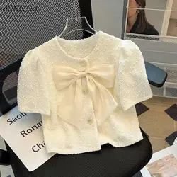 Sweet Bow Shirts Women O-neck Puff Short Sleeve French Fashion Elegant Ladies Single Breasted Temperament Personality Summer Ins