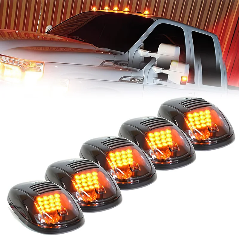 Black Smoked Lens 16 LEDs Cab Clearance Light 5 Pcs Roof Top Marker Running Lights Kit for Ford Dodge Ram Trucks SUV POV Pickup