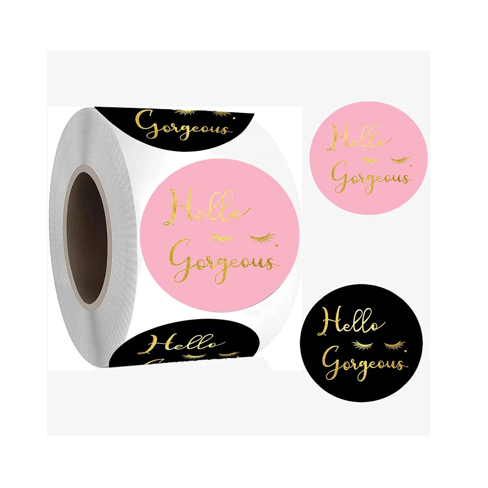 Hello Gorgeous Stickers 1.5 inch Pink and Black Eyelash Labels for Small Business Birthday Party Gift Bags 500 pcs Per Roll