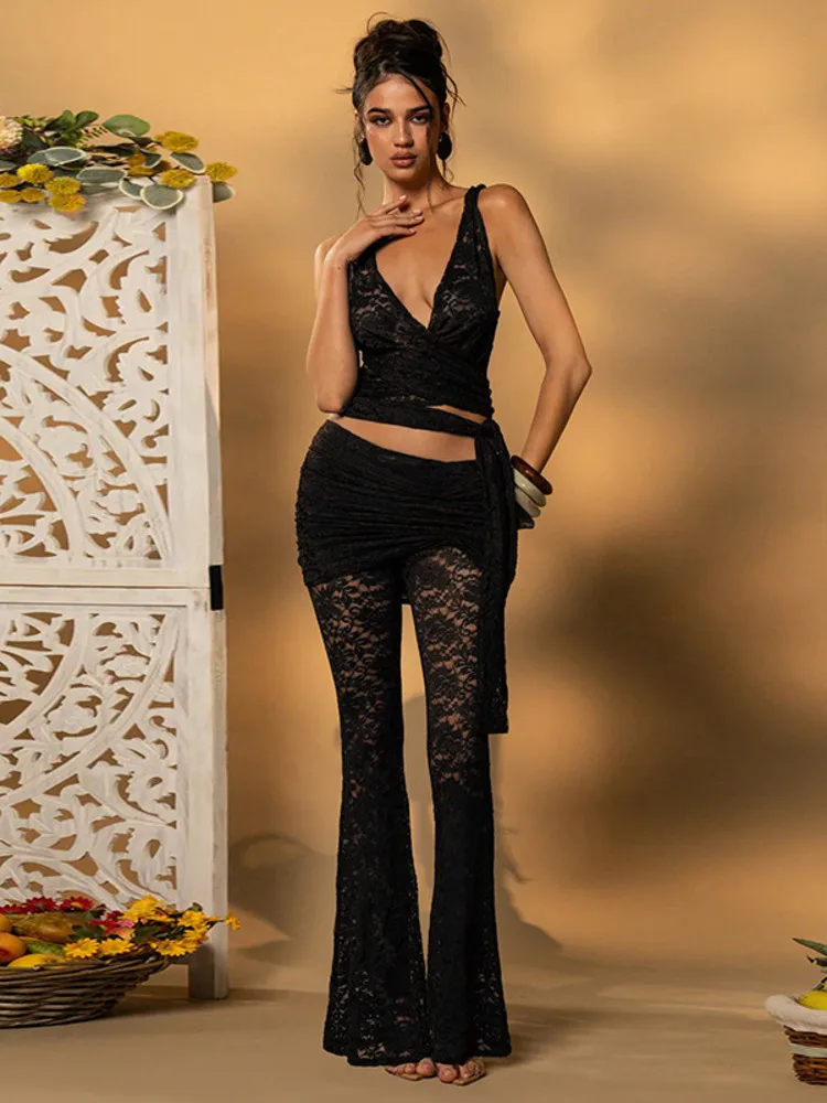 

Blifanbo Deep V Lace Slim Fit Long Pants Set For Women Hollow Out Patchwork Crop Tops And Sexy Pleated Flared Pants Set Fashion