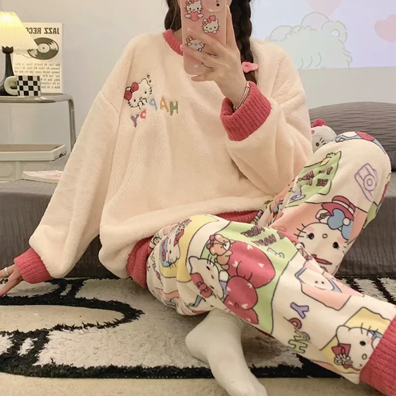 Sanrio hello kitty pajamas female autumn winter coral fleece plus fleece thermal sleepwear cartoon long sleeve home clothing