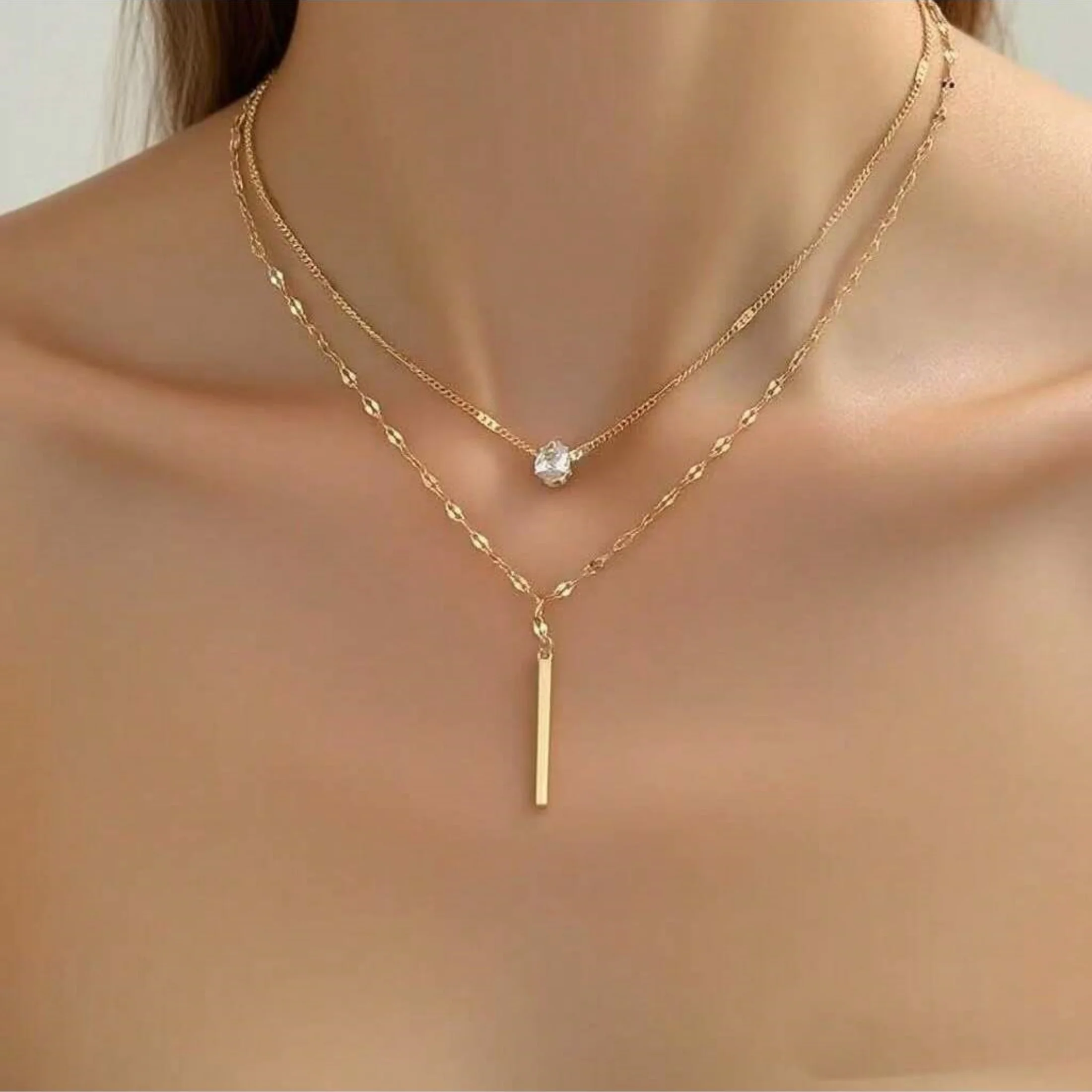 1 Juego de cadena de clavícula de doble círculo dorado, collar apilable con borlas, regalo para ella