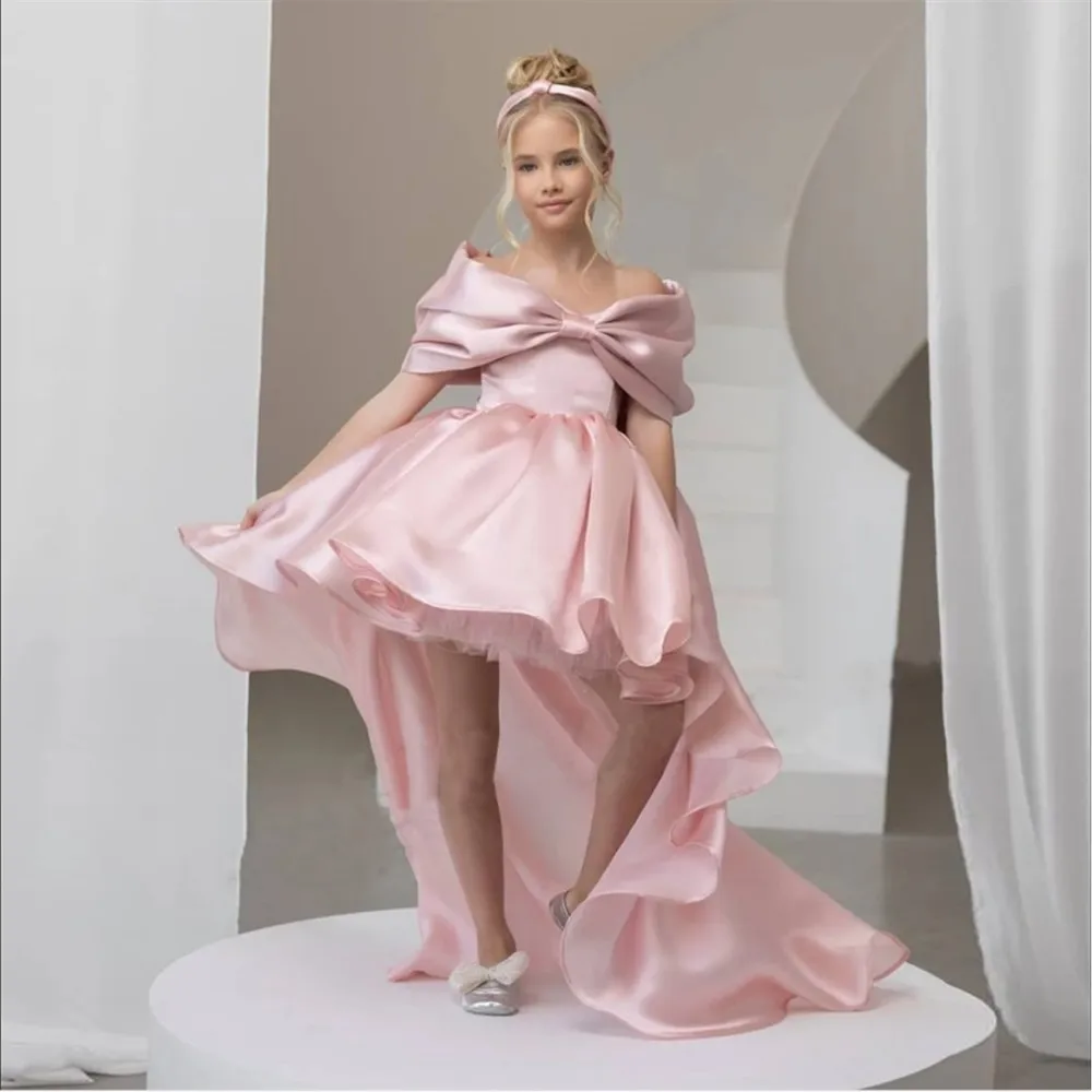 

Customized Flower Girl Wedding Dress Satin Puff Sleeve Elegant Kids Birthday Pageant First Communion Ball Dress