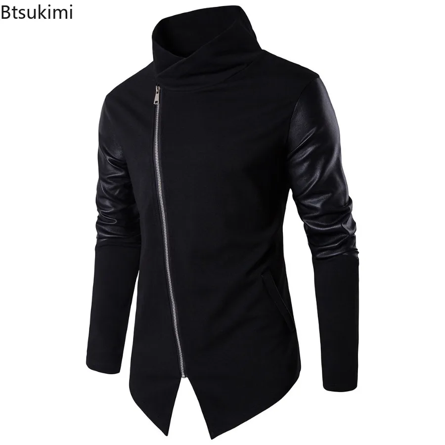 Men\'s Cotton Sweatshirts Pullovers Stand Collar Slim Knitwear Coats Trend Streetwear Faux Leather Patchwork Knitted Tops for Men