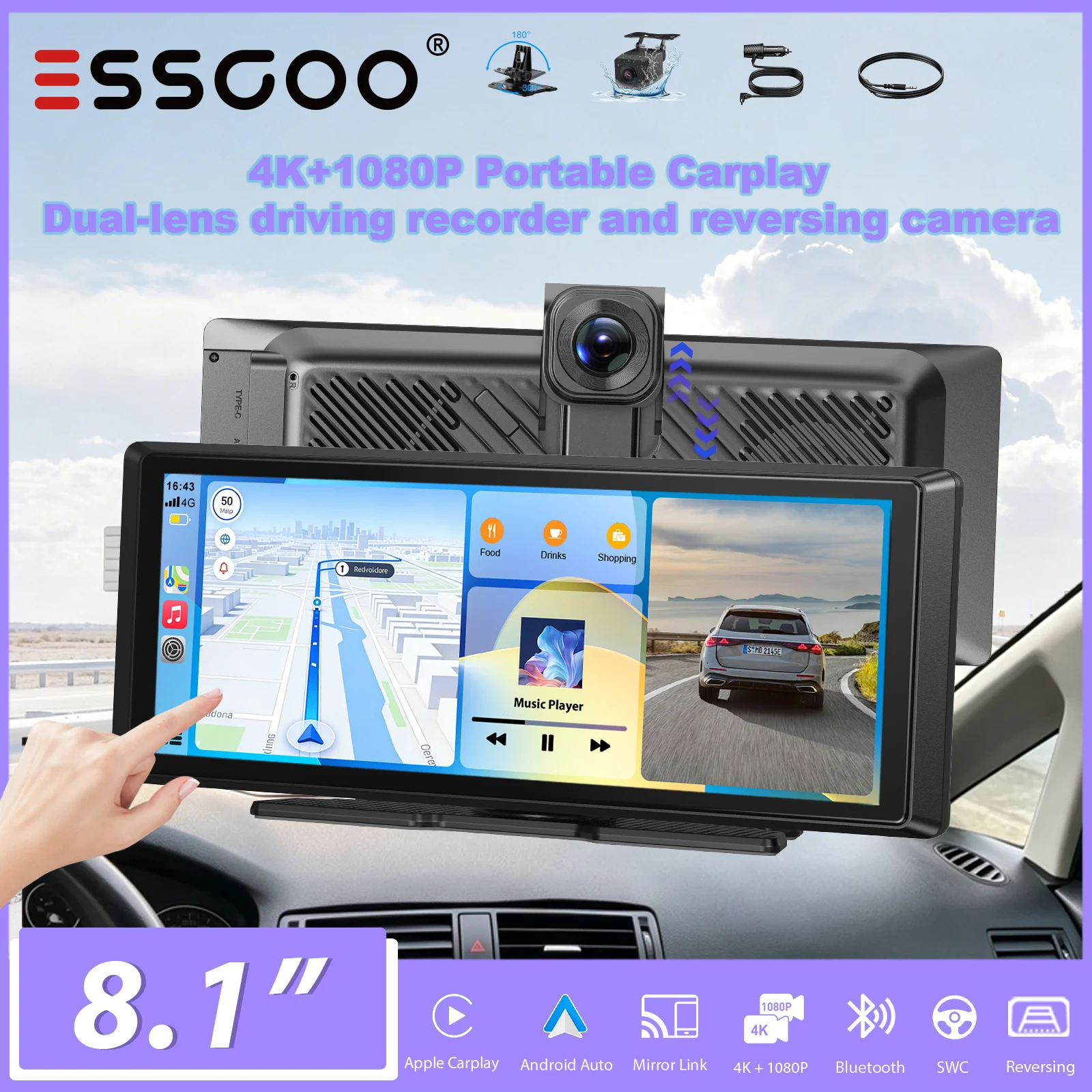 ESSGOO 8,1-Zoll 4K Universelles Tragbares Touchscreen-Autoradio mit CarPlay, BT, Android Auto, Kartenleser, Dual-Objektiv-Dashcam, Rückfahrkamera, AUX, FM