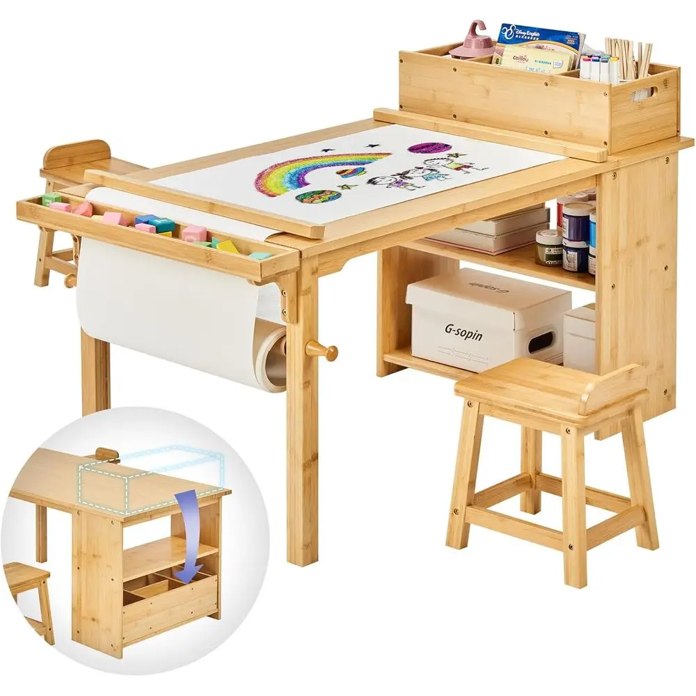 

Drawing and Art Table & Chair Set for Toddlers - Portable Craft Supplies Organizer and Storage Shelves, Canvas Bins, Paper Roll