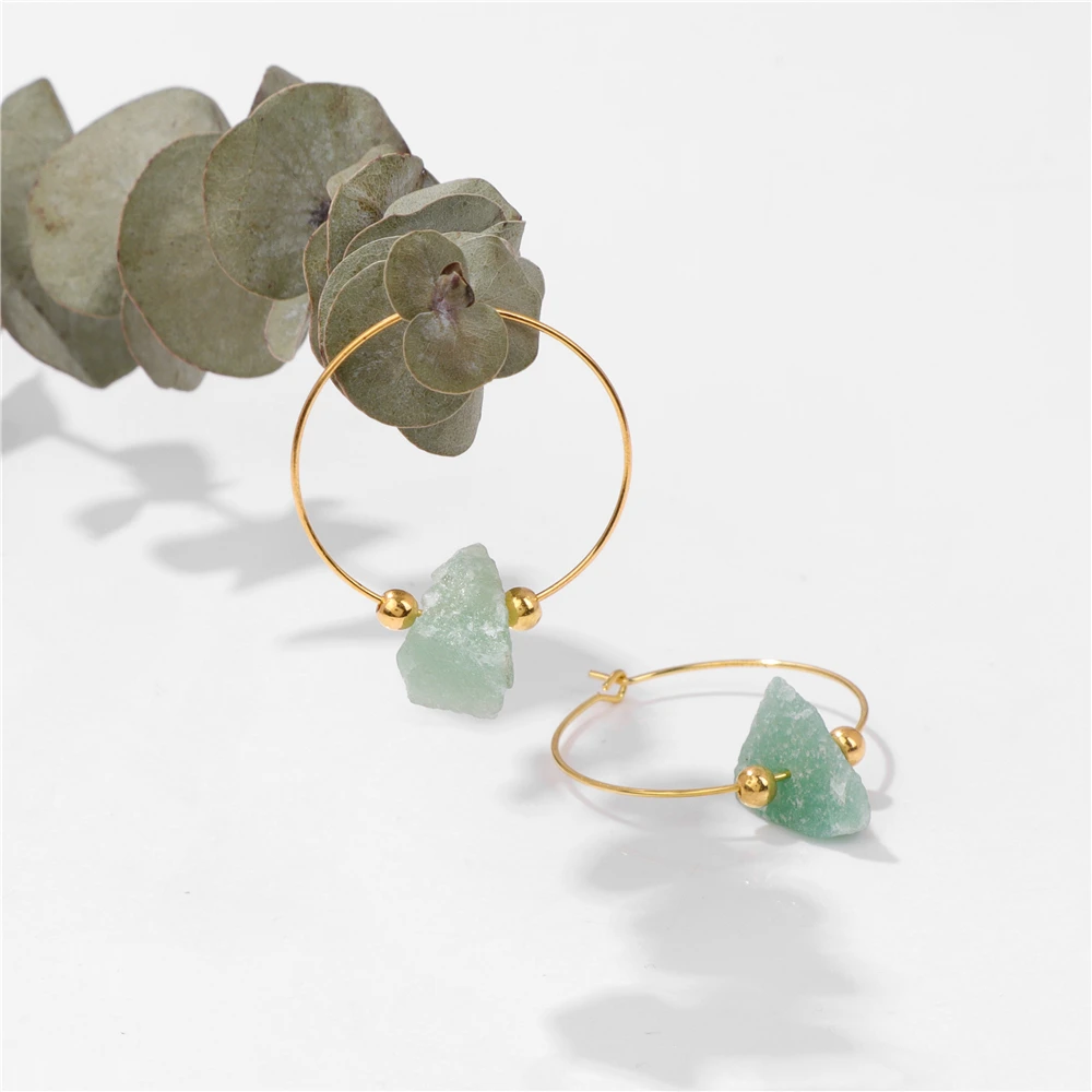 Boucles d'oreilles créoles en pierre brute naturelle pour femme, boucle d'oreille ronde, goutte d'oreille en or, quartz aventurine verte irrégulière, cadeau de bijoux