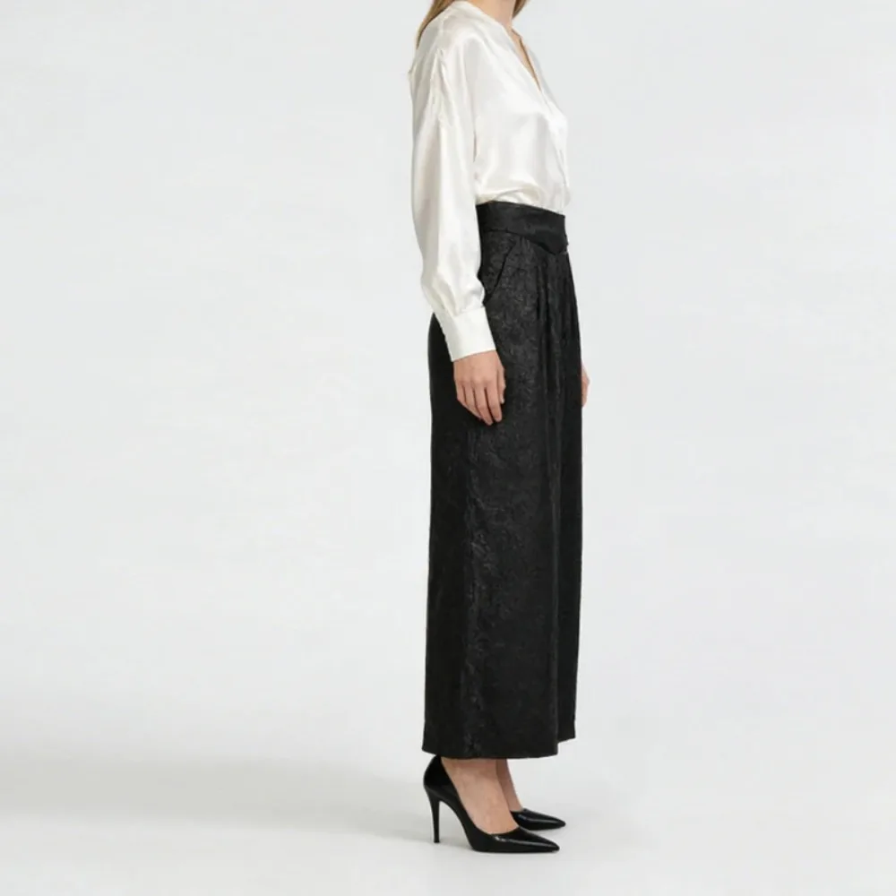 Pantalon en soie de mûrier 100% naturelle, fil nuage parfumé pour femmes, taille plate, fermeture éclair latérale, pantalon noir à jambes larges, nouvelle collection printemps 2026