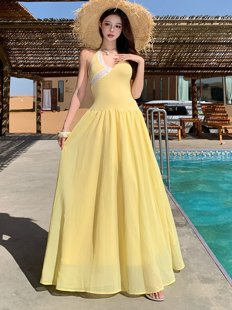 New Summer Boho Yellow Chiffon Dress Female V-Neck Backless Sexy Dress Elegant Fashion Slim Holiday Beach Long Dress
