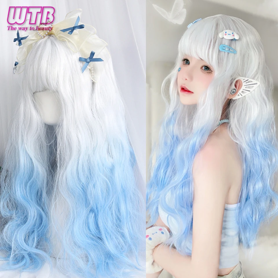 WTB Cosplay Wig Synthetic Long Wavy White Ombre Light Blue Colorful Lolita Wigs with Bangs Halloween Daily Wigs Heat Resistant