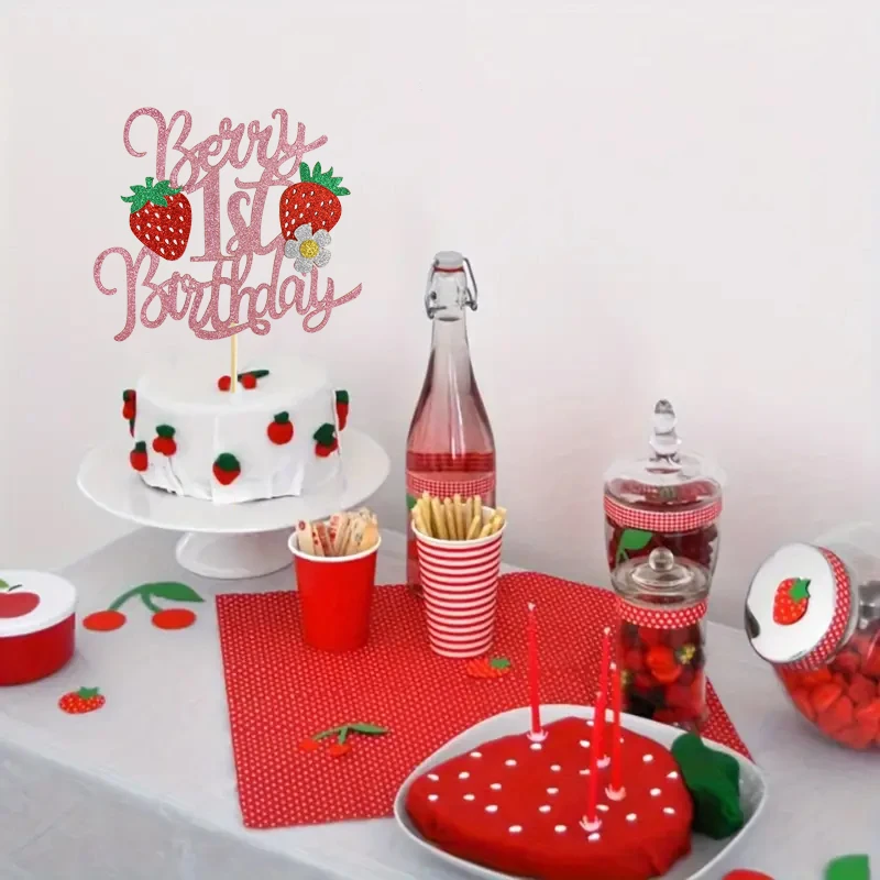 1pc Berry 1st Birthday Strawberry themed birthday party cake topper, fruit themed cake decoration supplies