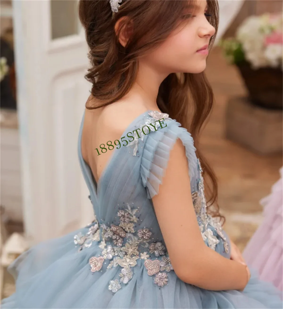 Princess Prom Party Dress with Long Train Flower Girl Dress Ball Gown First Communion Dresses 3D Lace Girls Dresses