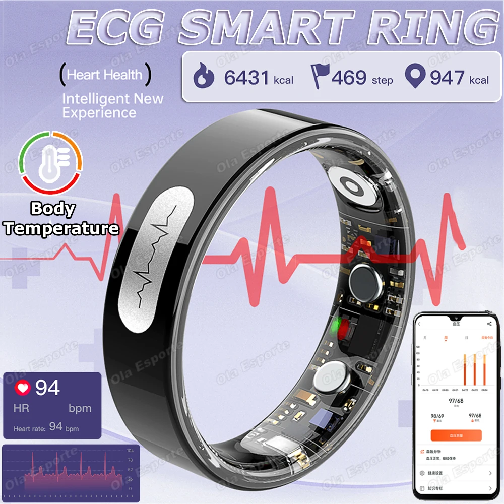 

AI ECG Detection Smart Ring 2026 Blood Pressure Heart Rate Body Temperature Monitoring 5ATM Waterproof Multiple Sport Smartring