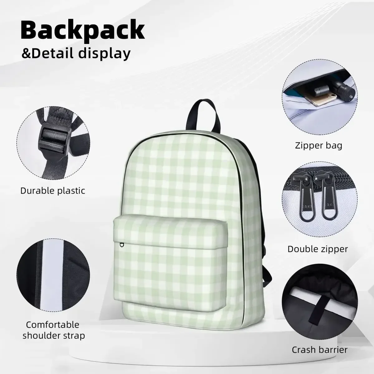 Sage Green Gingham Woman Backpacks Boys Girls Bookbag Waterproof Students School Bags Portability Laptop Rucksack Shoulder Bag