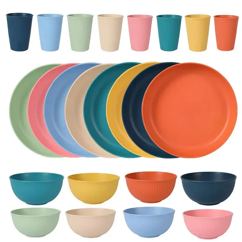 Wheat Straw Dinnerware Set Eco-friendly Safety Plates Cups Bowels Home Party Tableware Set Outdoor Camp Candy Colour Gift