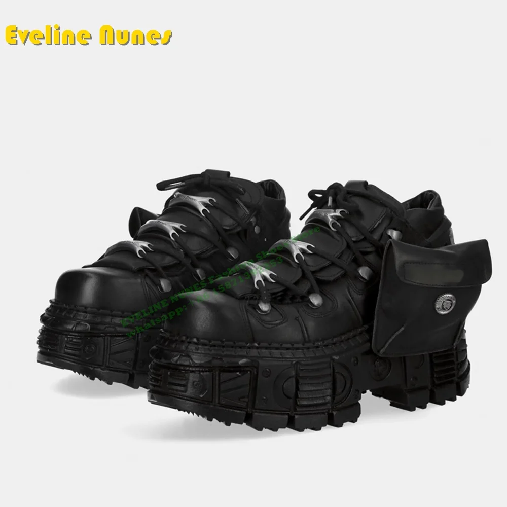 Pocket Platform Cross Tied Cyberpunk Motorcycle Boots Round Toe Thick Sole Metal Decoration Heavy Work Retro Ankle Boots Newest