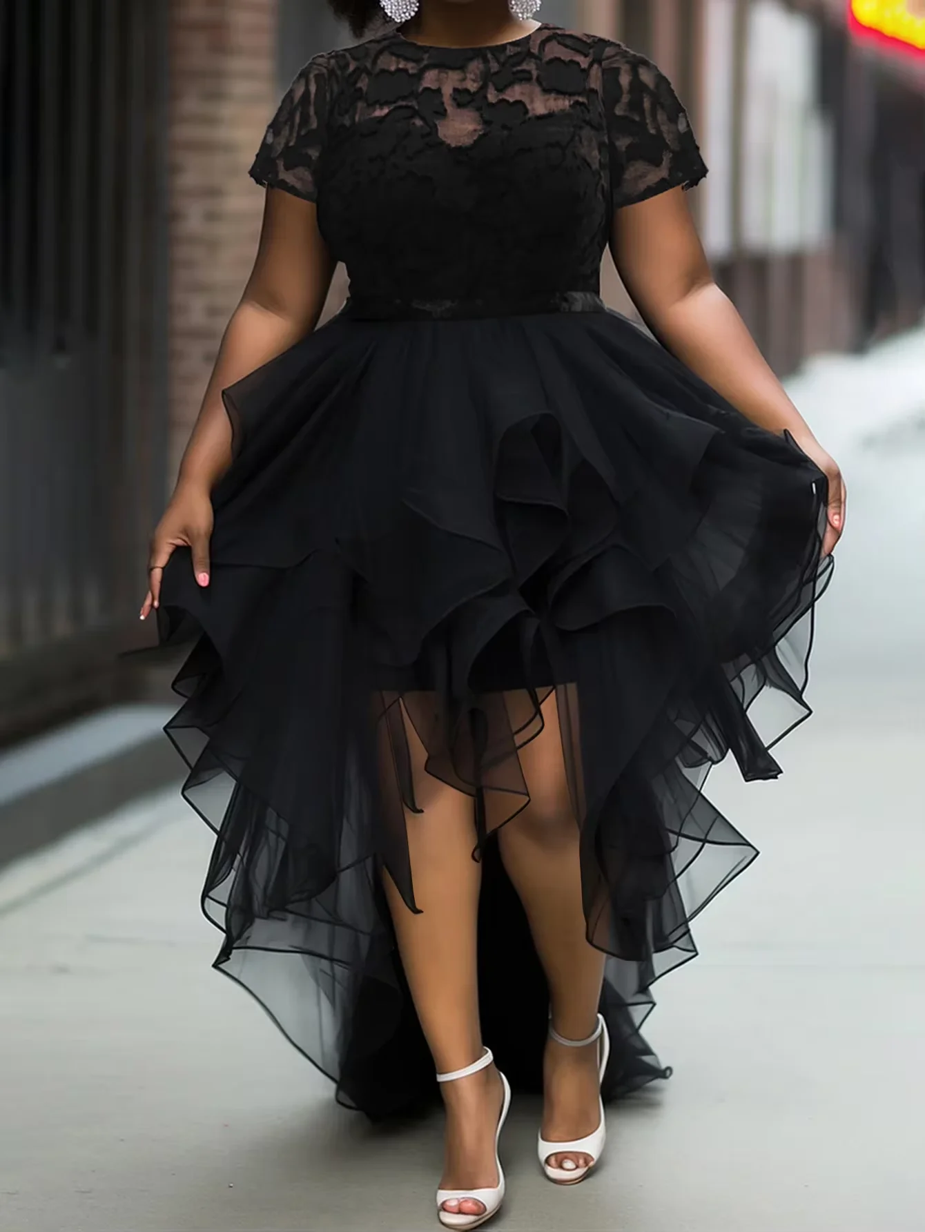

Women Plus Size Evening Dress Elegant Short Sleeve Round Neck High Low Hem Ruffle Tulle Cocktail Party Mermaid Maxi Dresses