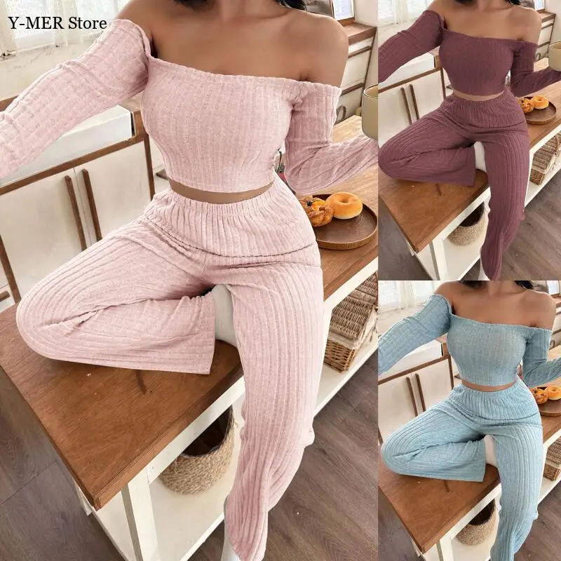 

Sexy Off Shoulder Pajamas Set Women Warm Home Clothes Long Sleeve Top Pants Slim Outfit Autumn and Winter Warm Nightwear