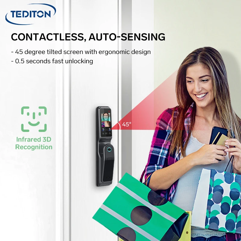 Tediton Electronic Tuya APP Camera 3D Face Recognition Screen Fingerprint Smart Door Camera Lock