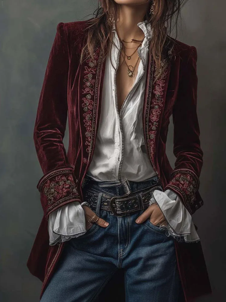 الخريف السببية طويلة الأكمام المرأة معطف الشتاء أنيقة المرقعة الدانتيل المخملية معطف نحيف خمر نمط طباعة سترة سترة