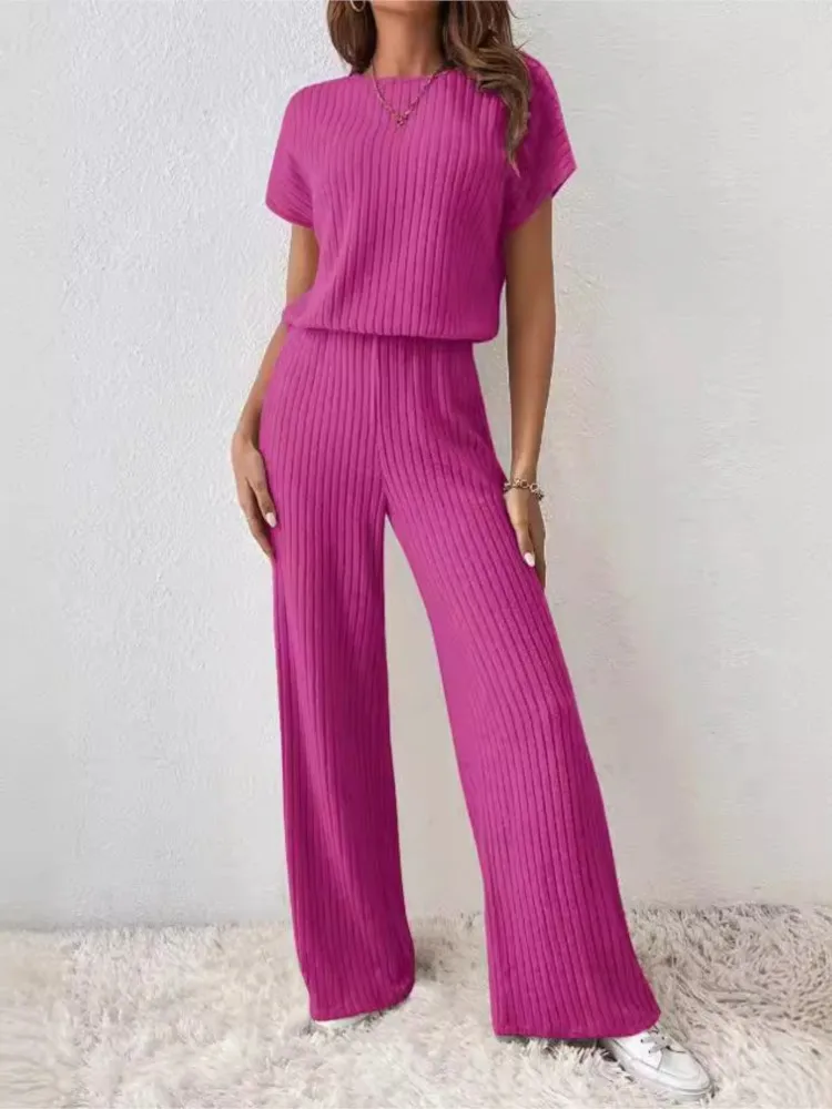 Simple Style Rib Knit Long Pants Suit Women Casual Short Sleeve T-shirt & Loose Trousers 2 Piece Sets Summer Autumn Women Set