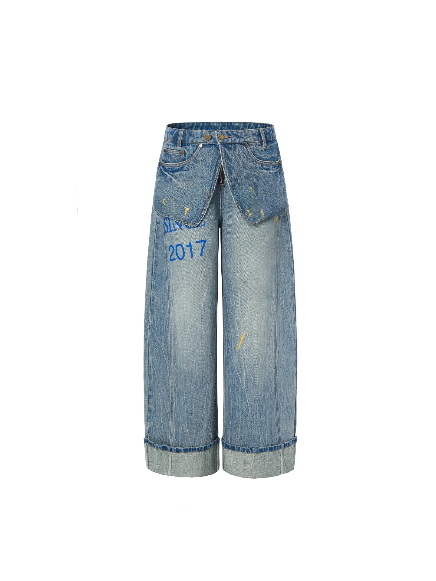 

Джинсы женские LEDIM WANG с двойным поясом, широкие штанины, ретро-узор, хлопок, осенняя новинка, свободный крой