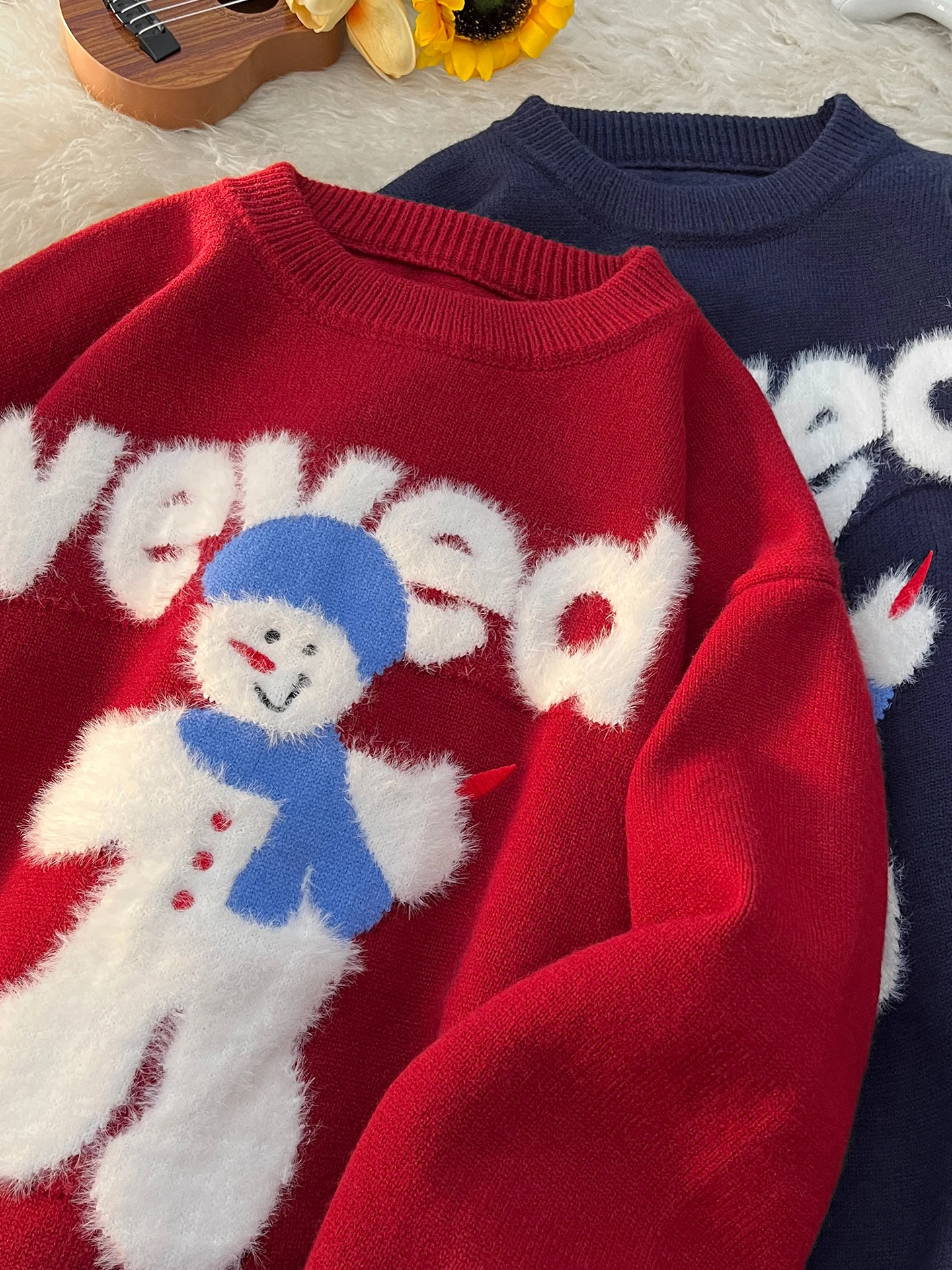 

Red Cisas round Ne Knitwear Men's Heavyweight Casual Winter Sweater Festive Loose Top American Sle Polyester Nylon