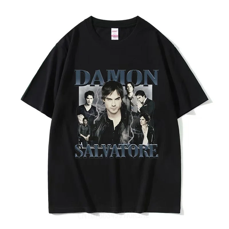 Limited Damon Salvatore Graphic T Shit Men's Retro High Quality Fashion T-shirts Tops Casual Oversized Cotton T-Shirt Streetwear