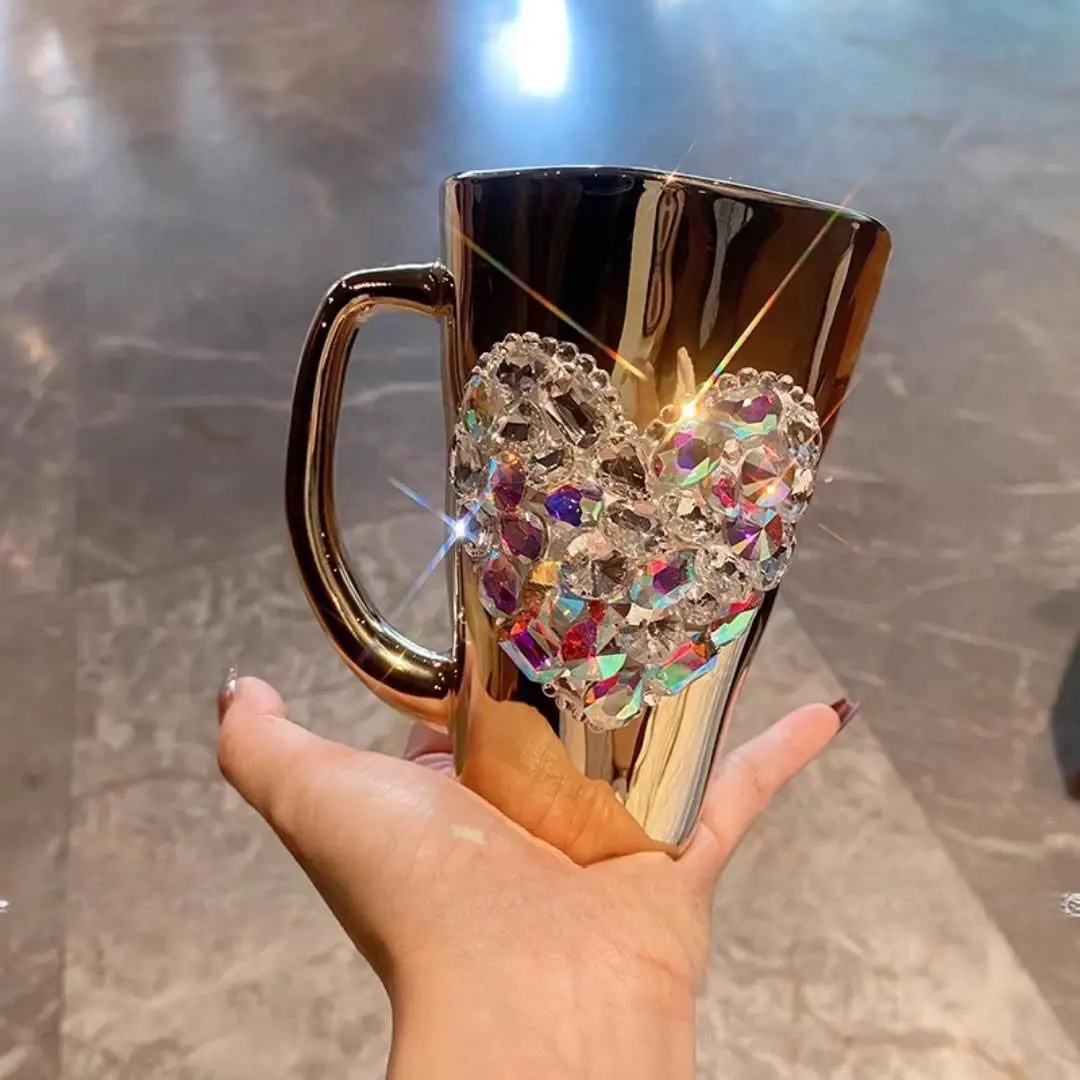 

Sparkling Heart Diamond-encrusted Glass Coffee Mug Cup Light Luxury Tempered Glass Milk Tea Beverage Cup With Handle Water Mugs