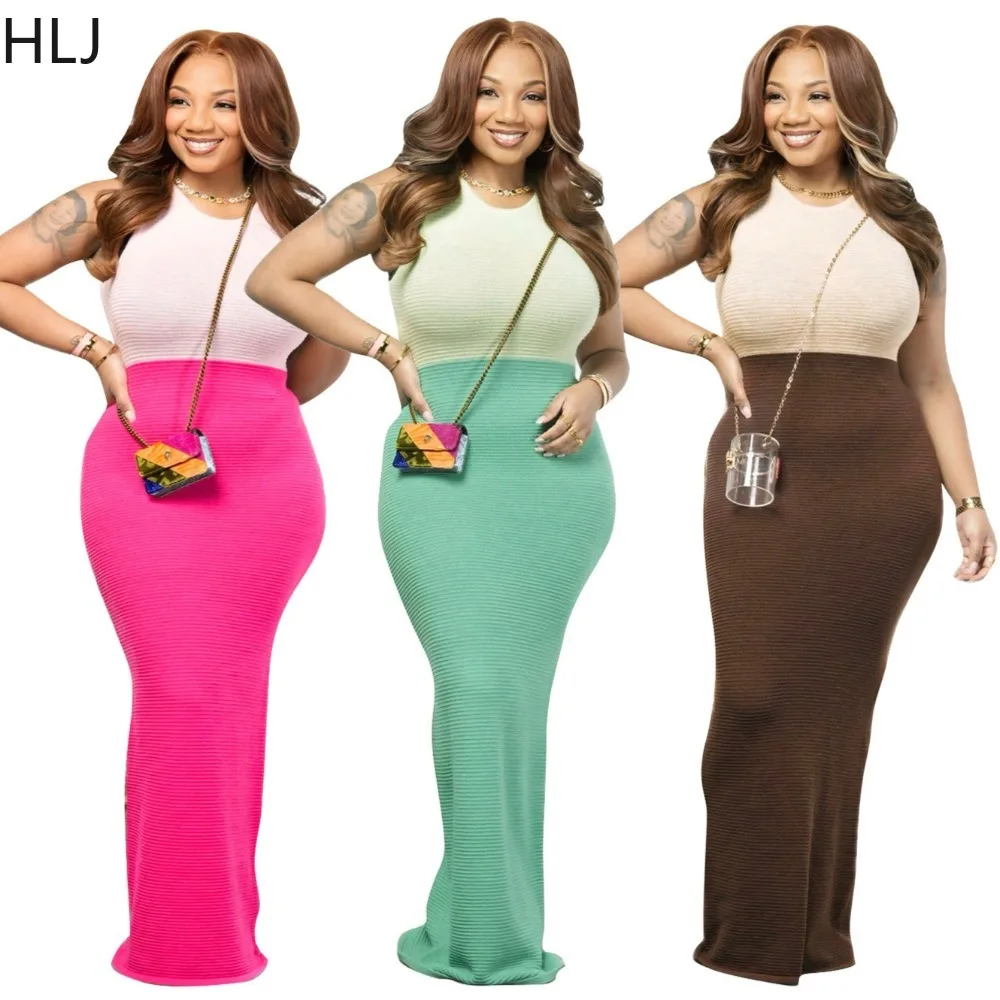 

HLJ Casual Color Block Patchwork Bodycon Dresses for Woman Knitting Sleeveless Dress Female Streetwear Vestidos 2026 Spring New