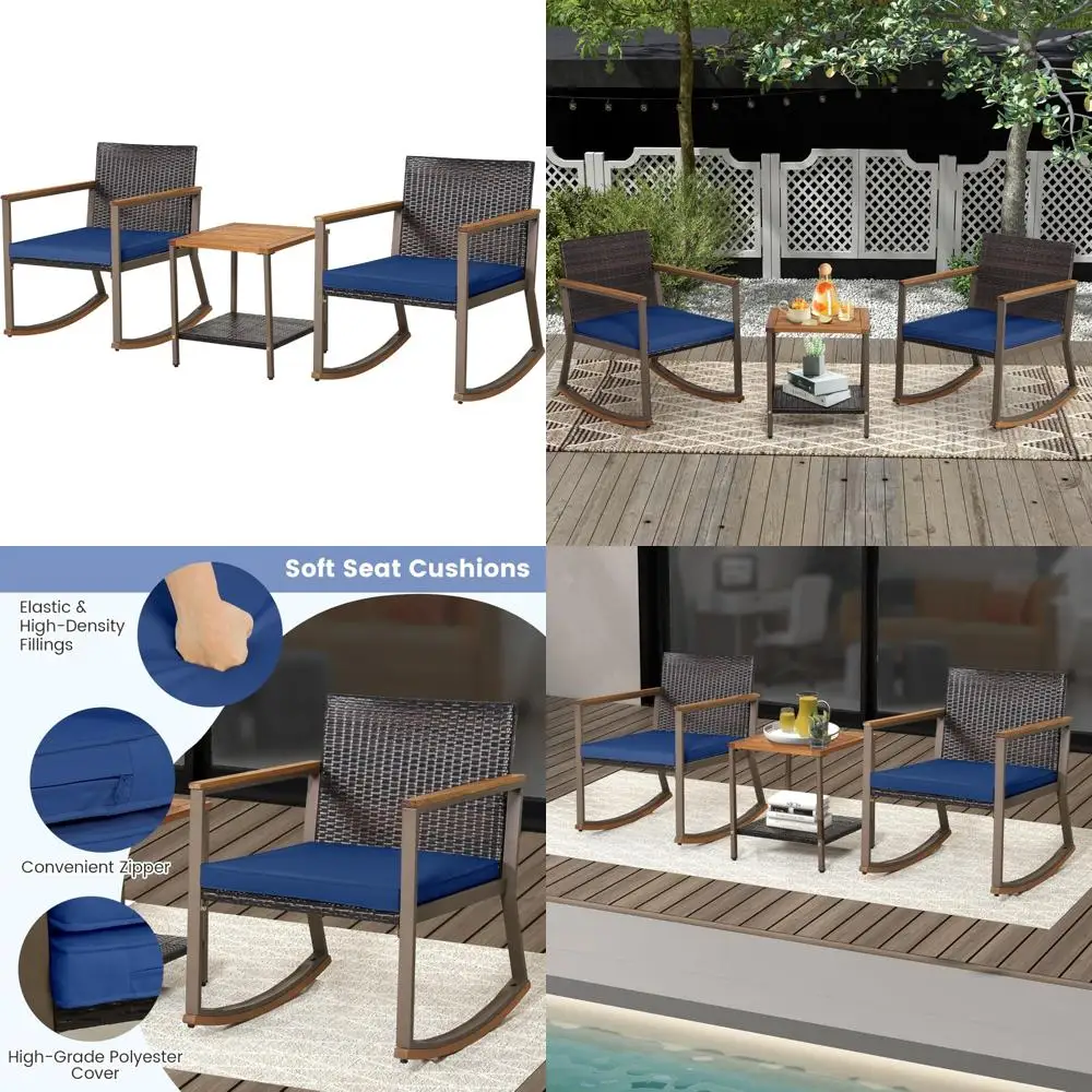 

Набор плетеных кресел-качалок для улицы из трех предметов, в комплект входит журнальный столик и подушки, подходит для использования в бистро