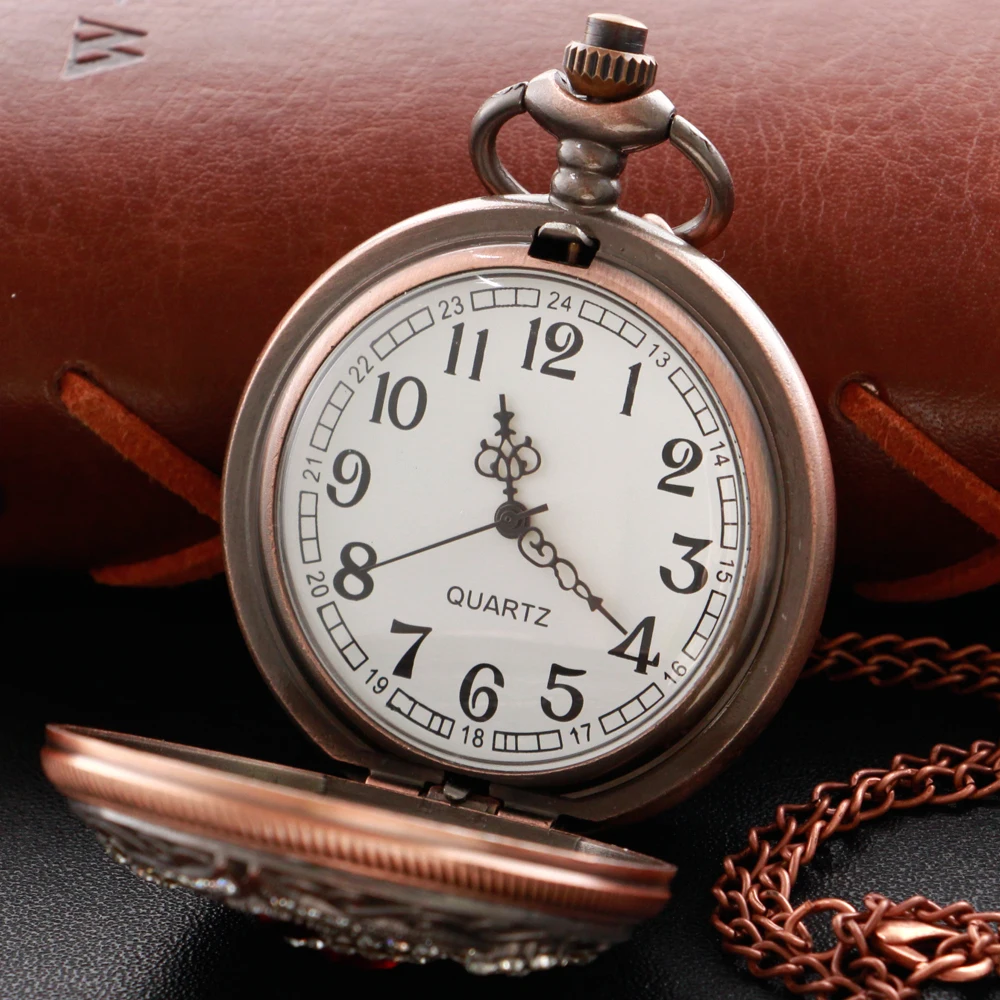 Exquisite Red Fake Gem Rhinestone Luxury Quartz Pocket Watch Men's and Women's Necklace Clock Steampunk Fashion Gift Accessories