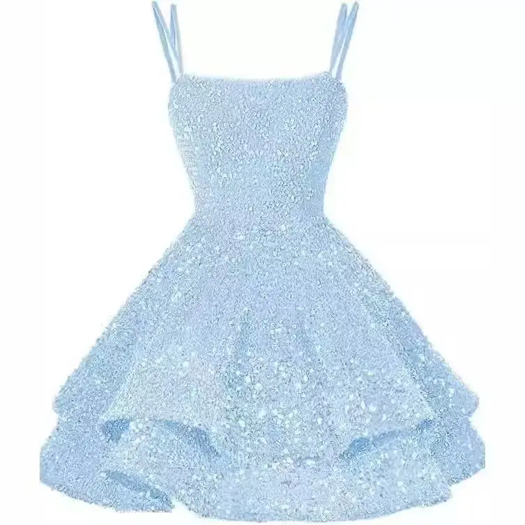 

New Sexy V-Neck Backless Short Sequin Strap Party Evening Gown Elastic Waist Synthetic Fiber Company Annual Meeting Dress