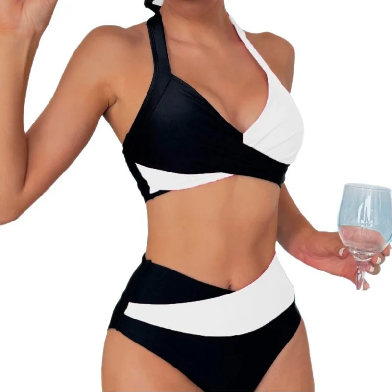 Maillot de bain 2 pièces pour femmes, Bikini européen et américain, couleur bloquée, col suspendu, taille haute, fendu