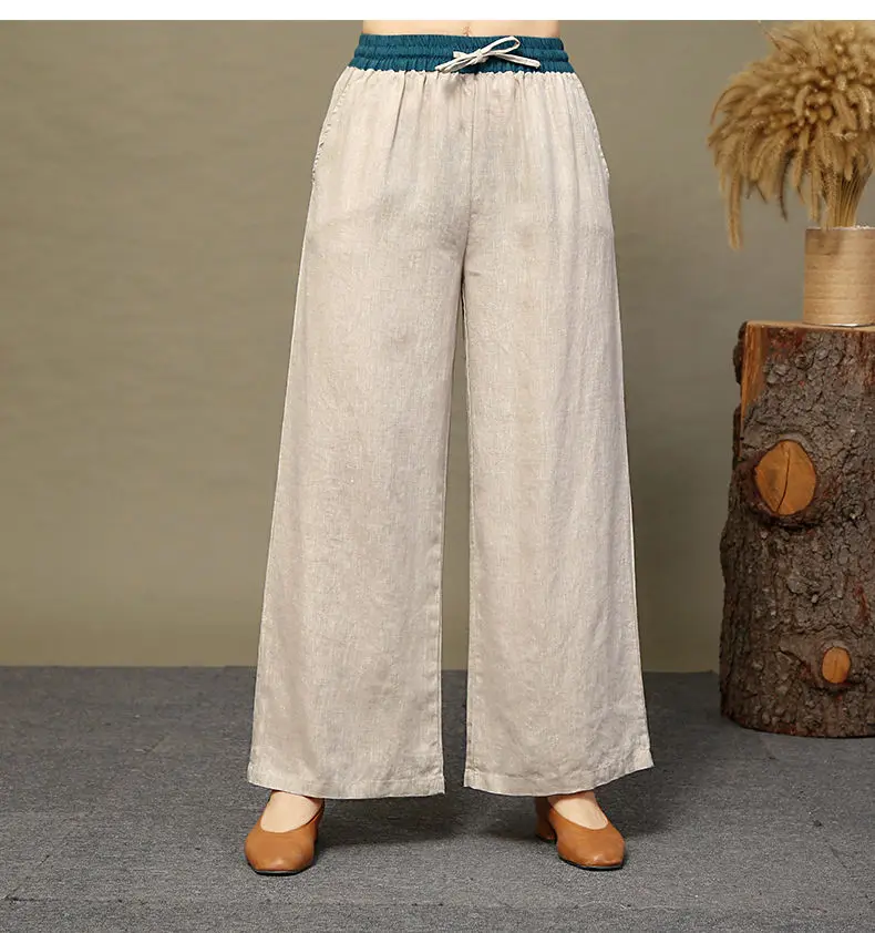 Nuovi pantaloni estivi a gamba larga a vita alta in cotone e lino