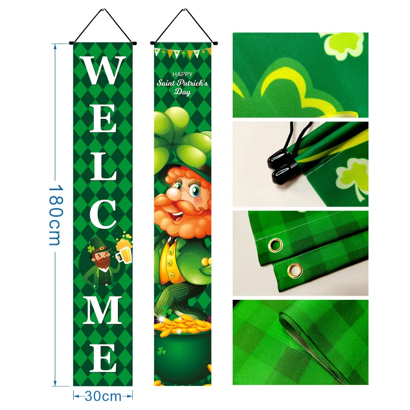 Happy St.Patrick’s Day Flag Porch Hanging Banner 1 Pair Gold Coin Clover Digital Printed Polyester Tapestry Holiday Party Decor