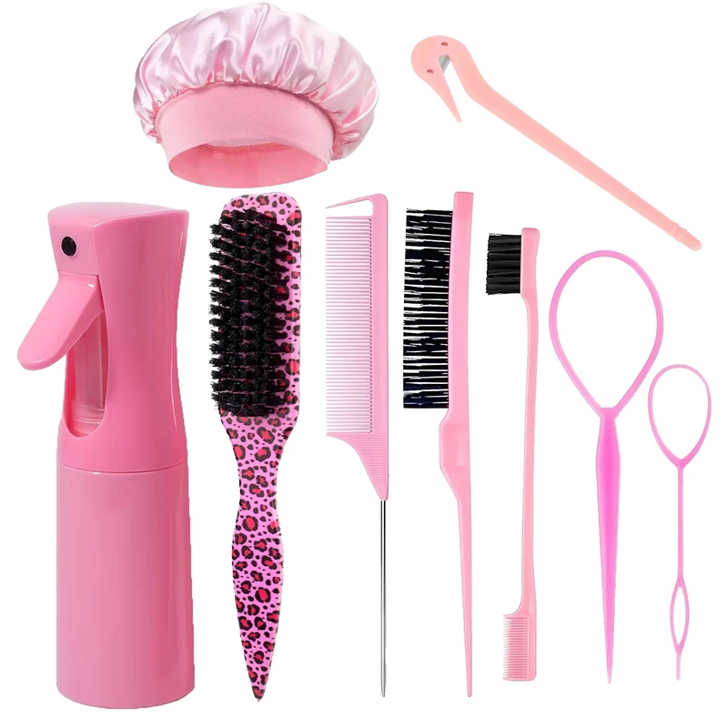 **9Pcs Hair Set,200ml Spray Bottle,Leopard Hair Tools,Hair Cap&Hook,Section Pick,Detangling Brush,Unisex Slick Pompadour