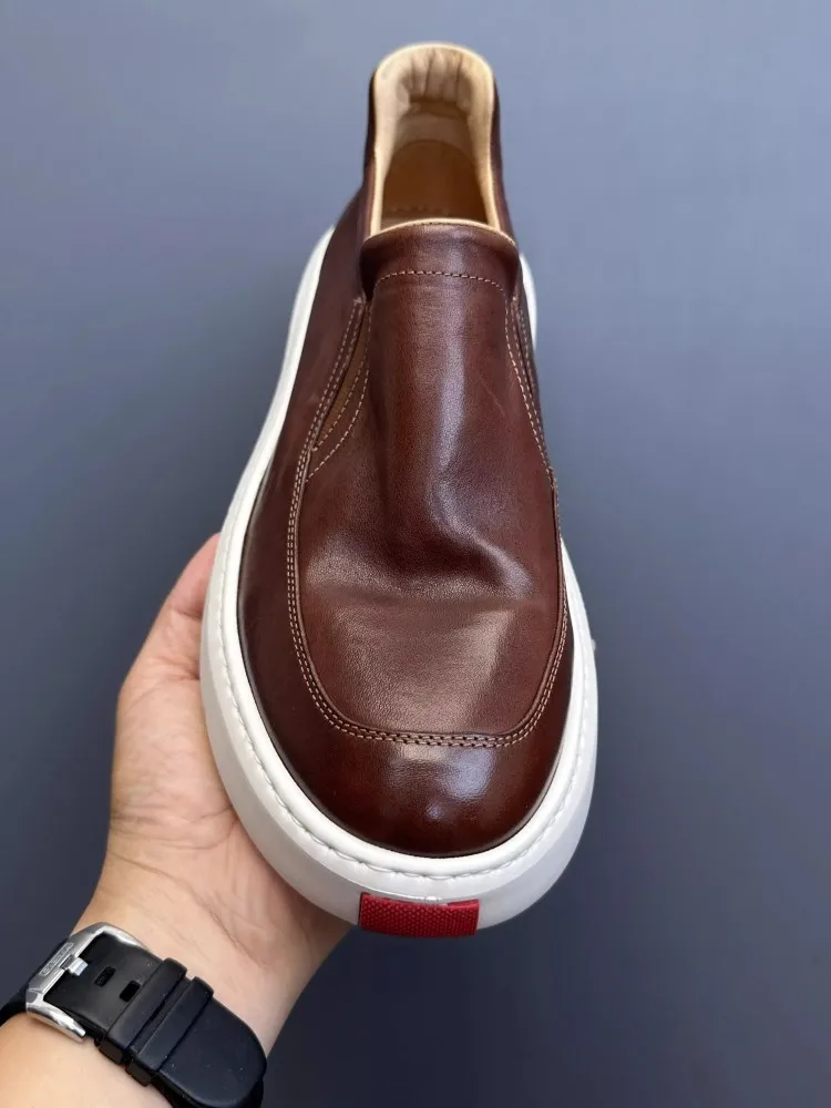 Vintage Mens Casual Sneakers British Style Handmade Horsehide Genuine Leather Loafers Spring Summer Slip-On Platform Shoes Male