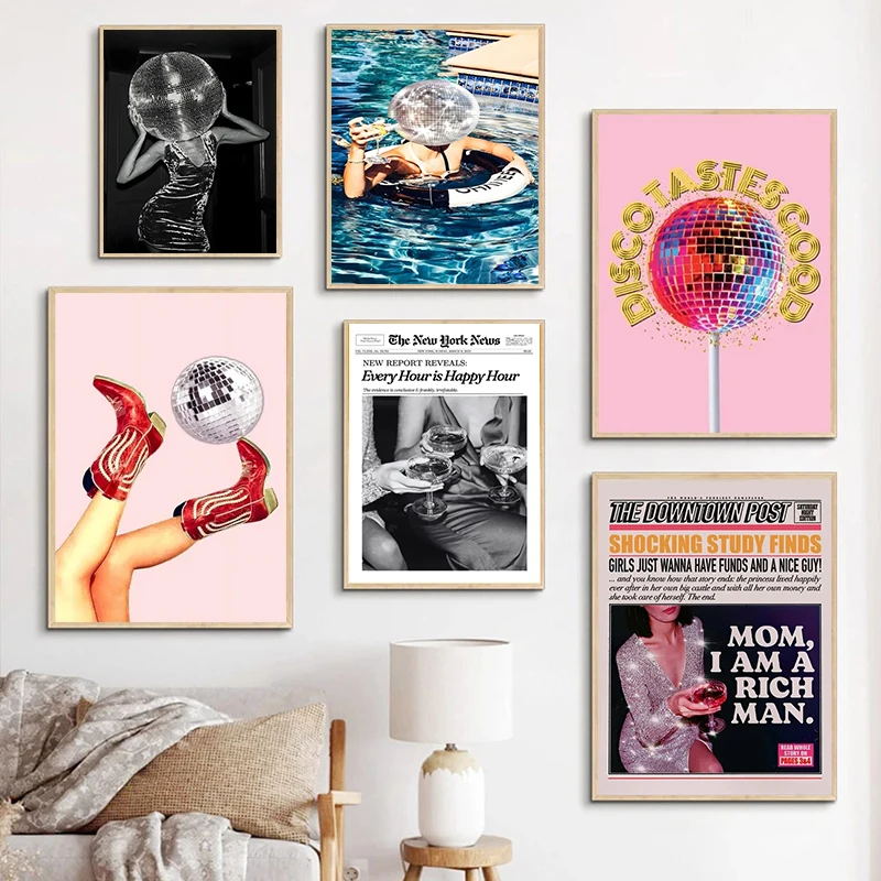 

Disco Ball Dancefloor Disco Party Posters and Prints Retro Cocktail Champagne Wall Art Picture for Bar Living Room Home Decor