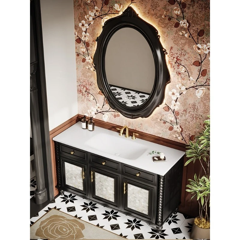 

Oak French retro bathroom cabinet combination high-end custom solid wood engraved washstand washbasin floor cabinet