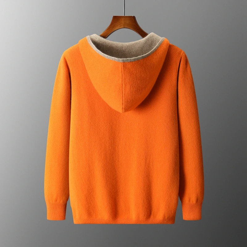 الخريف الشتاء نقية سترة الكشمير المعنقة الوجهين سترة الرجال عادية سستة سميكة الكشمير محبوك معطف بقلنسوة معطف #5