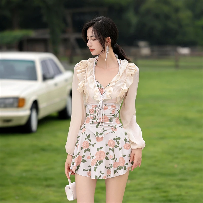 

2 PCS Swimwear Floral Print Women Suits One Piece Skirt Swimsuit With Cover Up Beachwear Halter Lace-up Push Up Swimsuits Women
