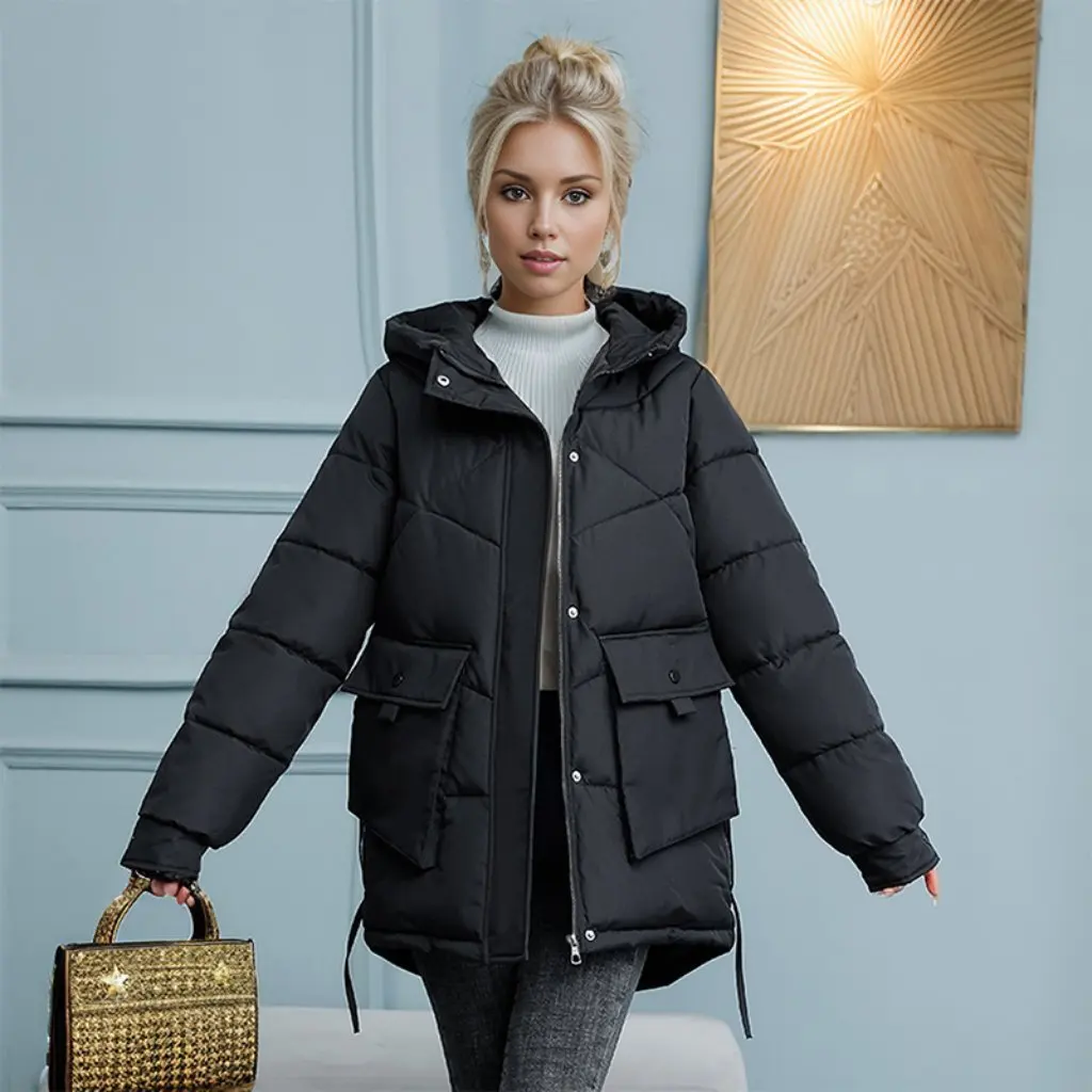 

Women's down Cotton-Padded Coat Middle-Length Loose Hooded with Large Pockets Warm Thickened Bread Coat for