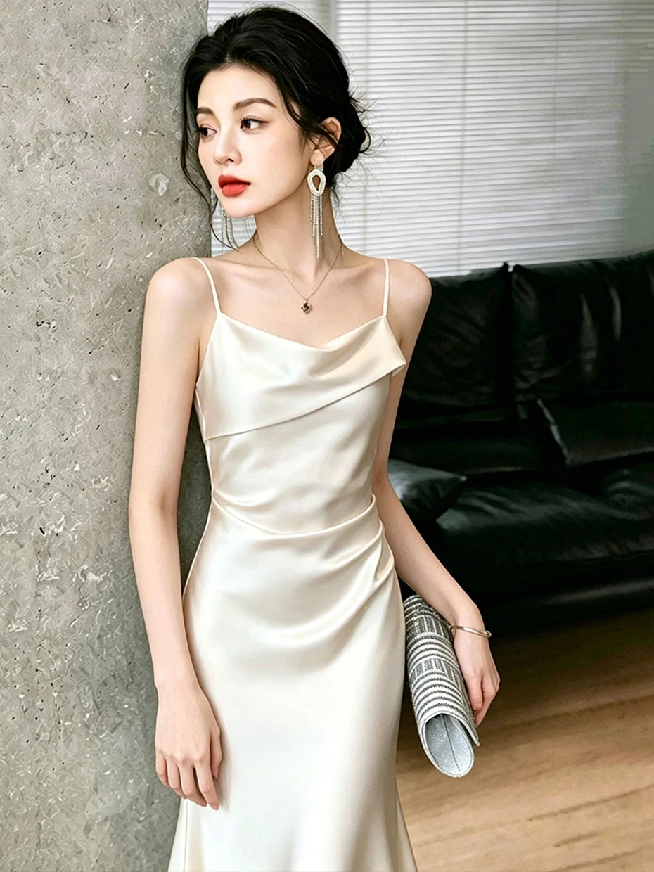 

Engagement White Acetate Satin Strap Dress Women's Tailored Long Skirt Summer 2026 Luxury Party Gown French Style Midi Dress