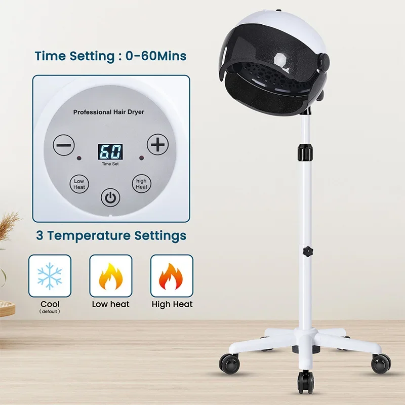 Hood Dryer with 3 Temperature Settings and Timer Function; Suitable for Hair Salons and Home Use; Height-Adjustable with Casters