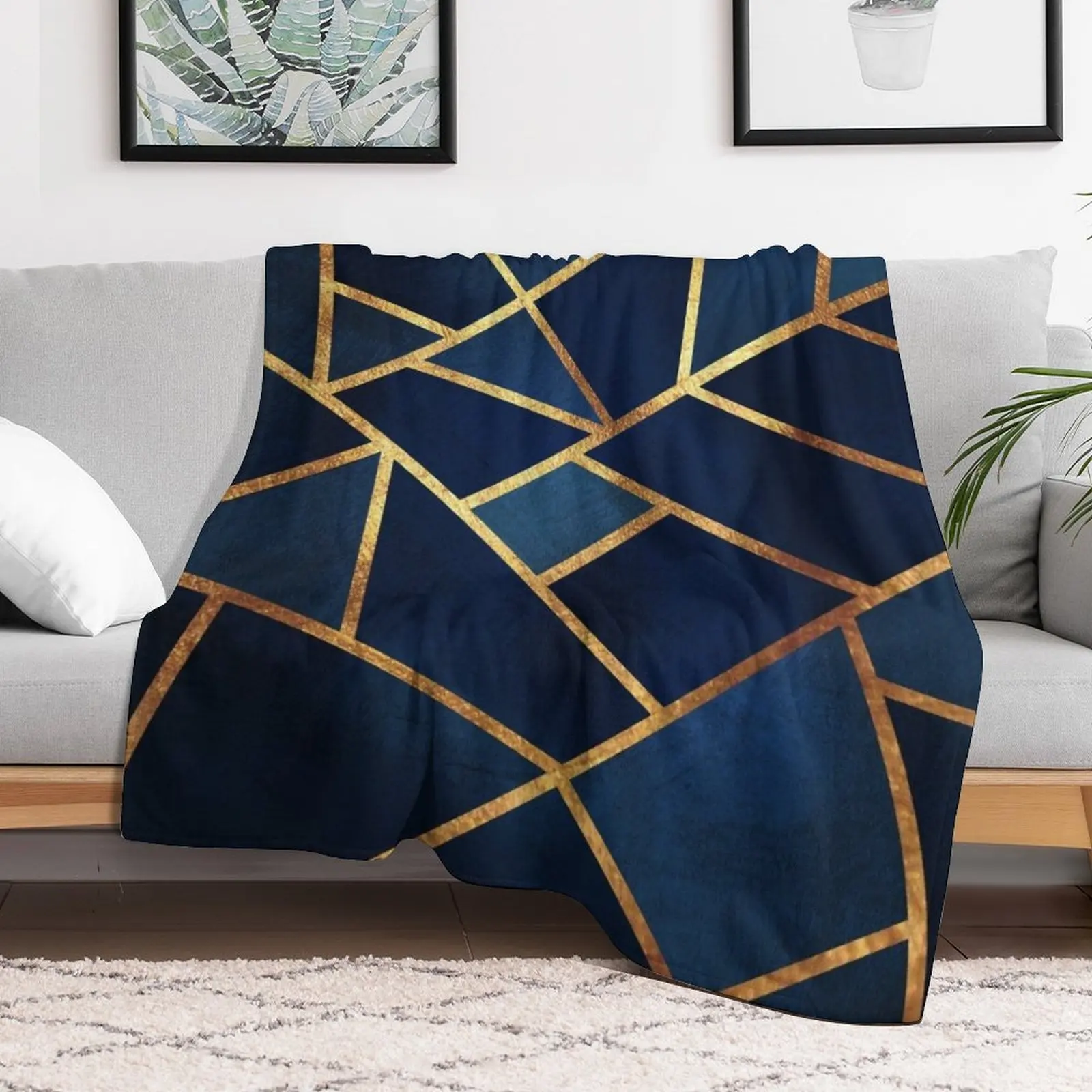 Navy Gold Stone Geometric Throw Blanket Travel Size Cozy Blanket for Plane Train